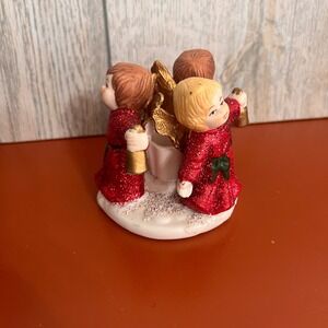 Vintage Ceramic Christmas Angel Trio Candle Holder Red Glitter Cherubs Bells